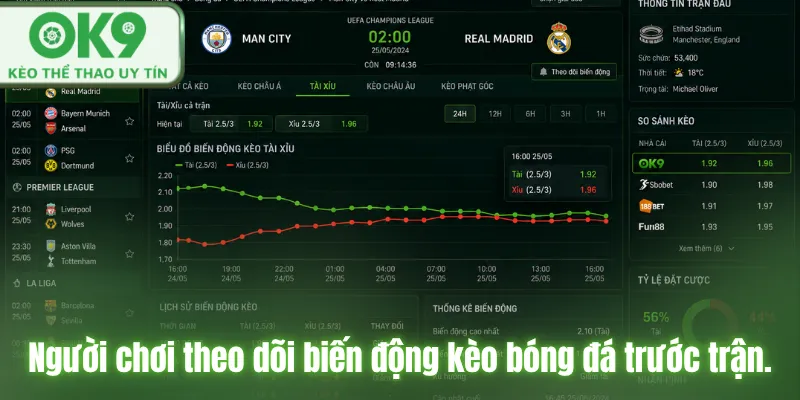Người chơi theo dõi biến động kèo bóng đá trước trận.